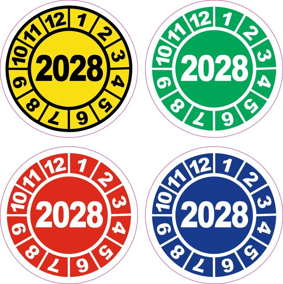 DIE-STICKERBAR Jahresplaketten 2028 gelb grün rot blau 20mm UVV Prüfplaketten Aufkleber BGV D27
