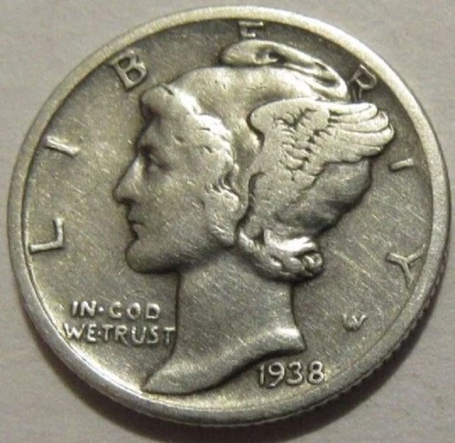 1938 P  Mercury Dime circulated 90% Silver VF Very Fine