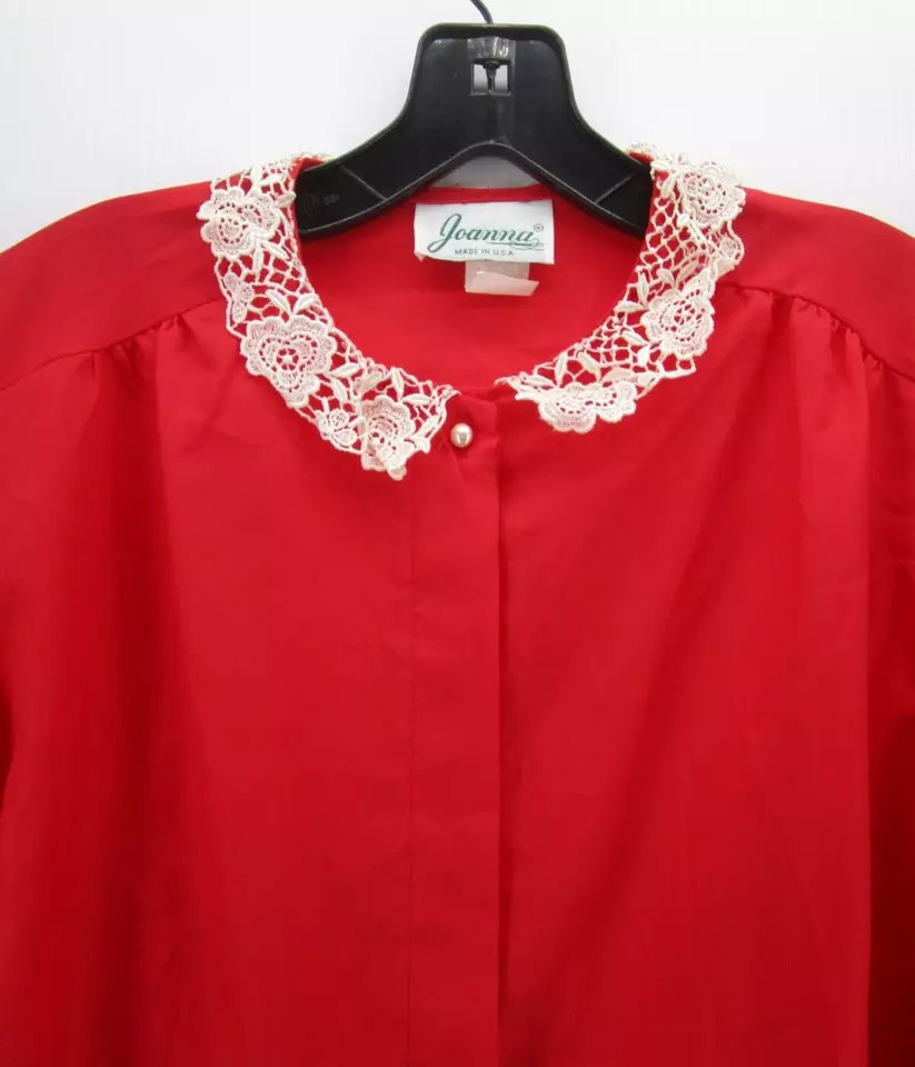 ВИНТАЖНЫЙ Joanna Топ женщин 10 красный пуговицах блузка кружевной воротник цветной США 90-х - Изображение 2 из 4