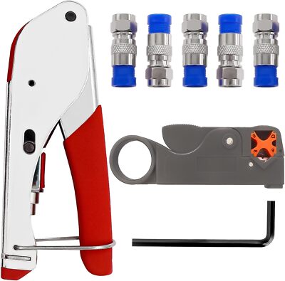 Coax Cable Crimper Tool Kit, Compression Tool Fitting, Wire Stripper, SHIPS FREE