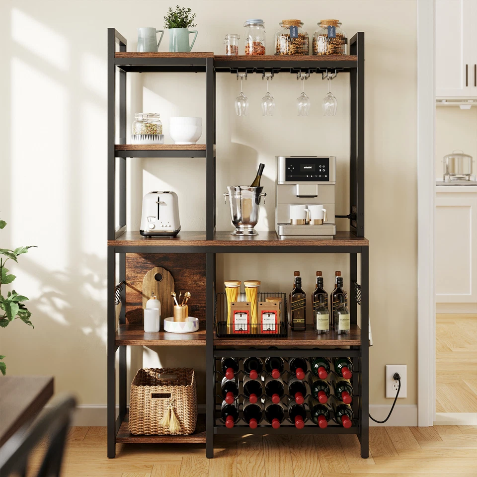 5 Tiers Wine Rack Table Bakers Rack with Wine Storage Shelves & Glass Holders - Image 3 of 4