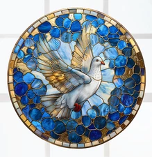Holy Spirit Peace Dove Faux Stained-Glass WINDOW CLING Size 8" Round Vinyl