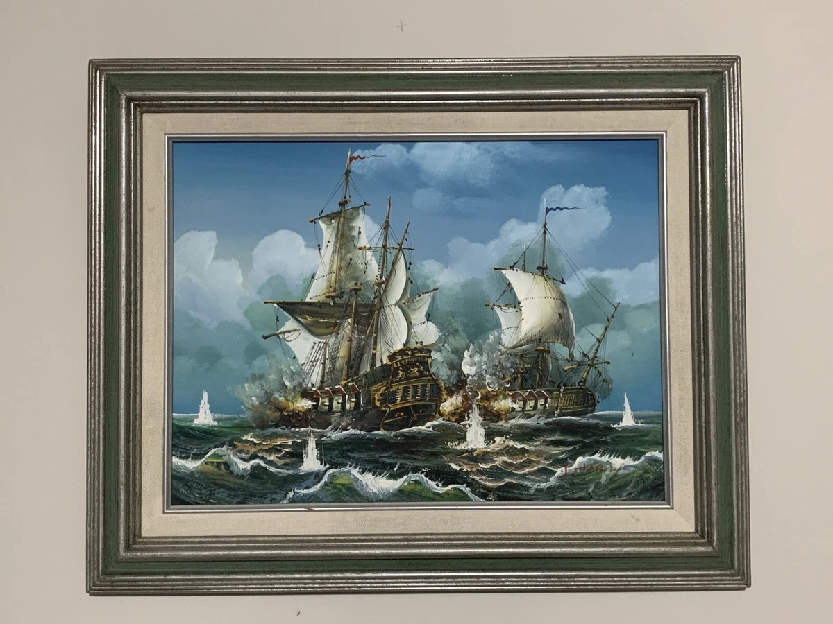 J. Harvey Ships Battle at Sea Signed Oil Painting Framed Battling
