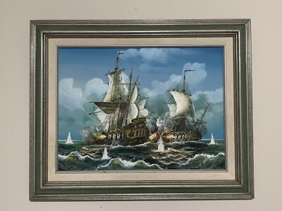 J. Harvey Ships Battle at Sea Signed Oil Painting Framed Battling