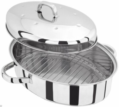 Neu Edelstahl Oval Bräter 32CM Bräter Ablage Grill Deckel & Tablett 