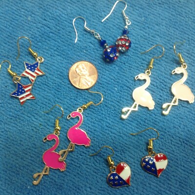  SPARKLING USA RED WHITE BLUE JULY 4th  Star Heart Flamingo Flag  Earrings 