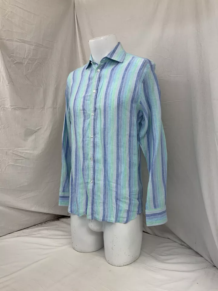 Camisa Saks Fifth Avenue S Azul Verde Rayas 100% Lino YGI N2-400 Foto 4 de 4