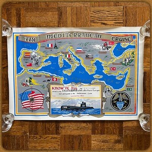 1960s USS HARDER SS-568 Submarine Mediterranean Cruise Map Oilcloth Navy Vtg