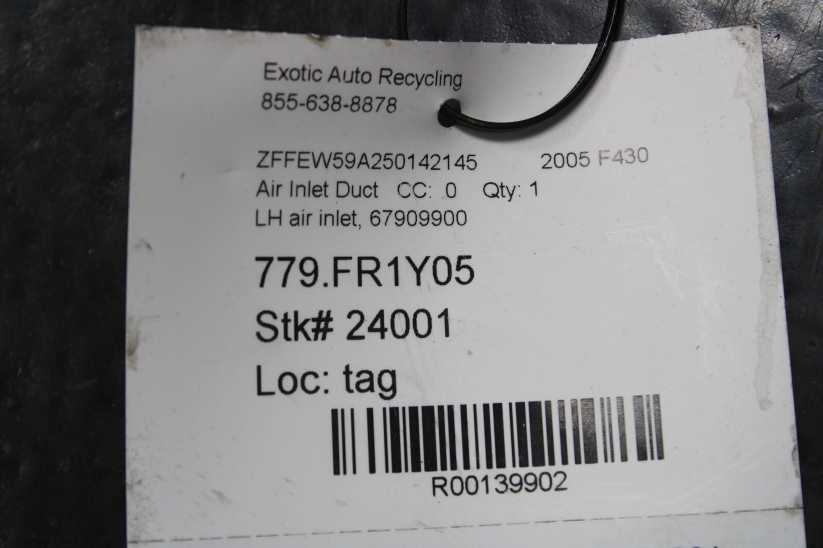 Ferrari F430 Coupe, Spider, LH, Left, Air Inlet Duct, Used, P/N 67909900