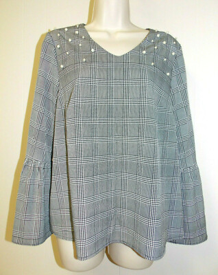 Women's Apt. 9 Black & White Check With Pearls Bell Sleeve Blouse Size 10 Medium