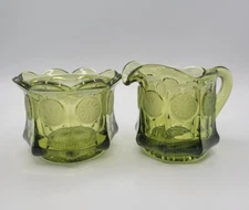 Fostoria Coin Glass Olive Green Breakfast Set • Open Sugar Bowl/Creamer MCM Vtg