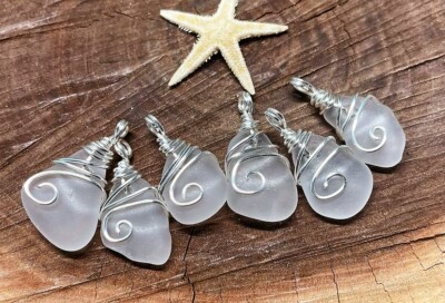 6 BEAUTIFUL Silver Wire Wrapped GENUINE Clear Frost SEA GLASS Necklace Pendants!