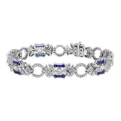18K White Gold Natural Blue Sapphire Diamond Art Deco Style Floral Link Bracelet