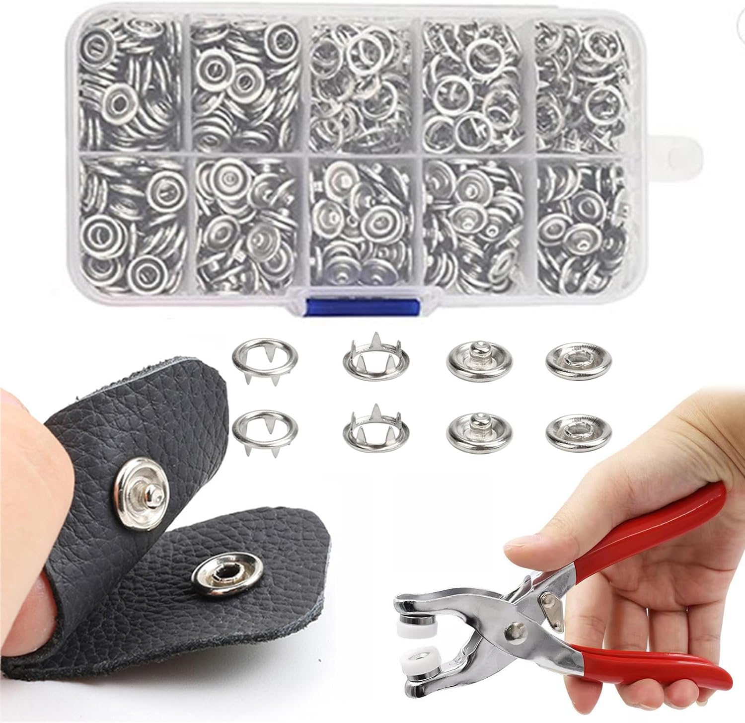 800 PCS Metal Snaps Buttons Fastener Pliers Press Tool Kit 200 Sets 3/8