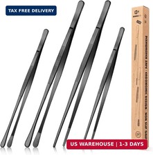 4 Pcs Fine Long Tweezer Tongs Professional Black, 12'' and 10'' Stainless Steel