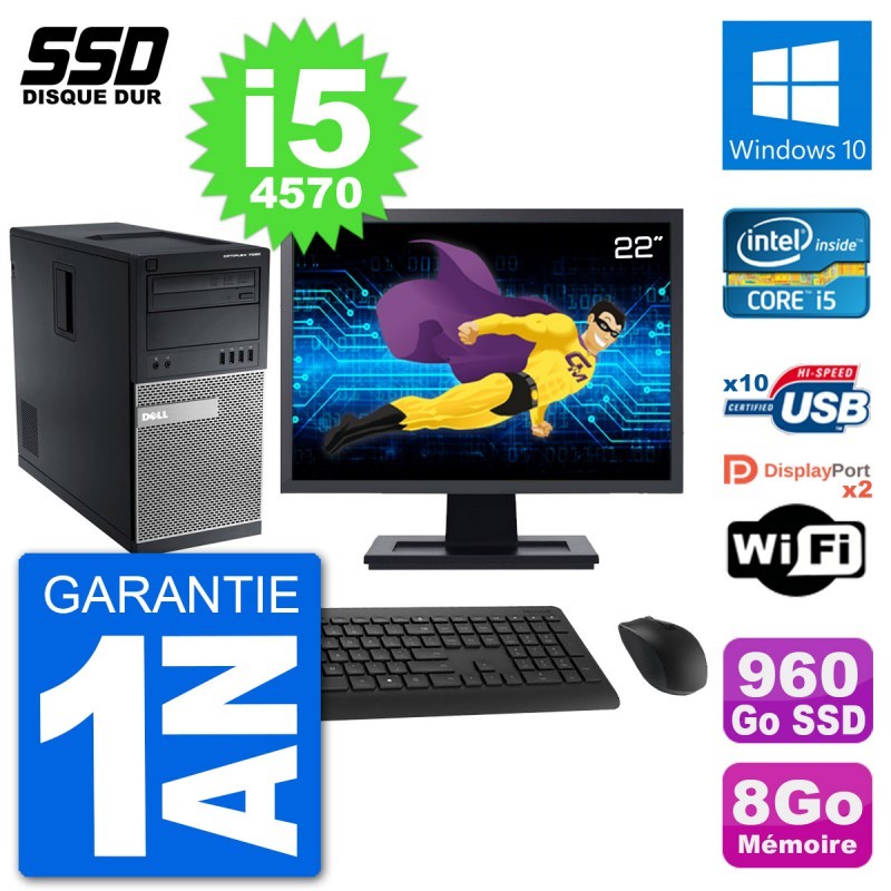 PC Tour Dell 7020 Ecran 22" Intel Core i5-4570 RAM 8Go SSD 960Go Windows 10 Wifi