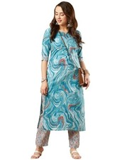 GoSriKi Women's Cotton Blend Straight Printed Kurta with Pant Set