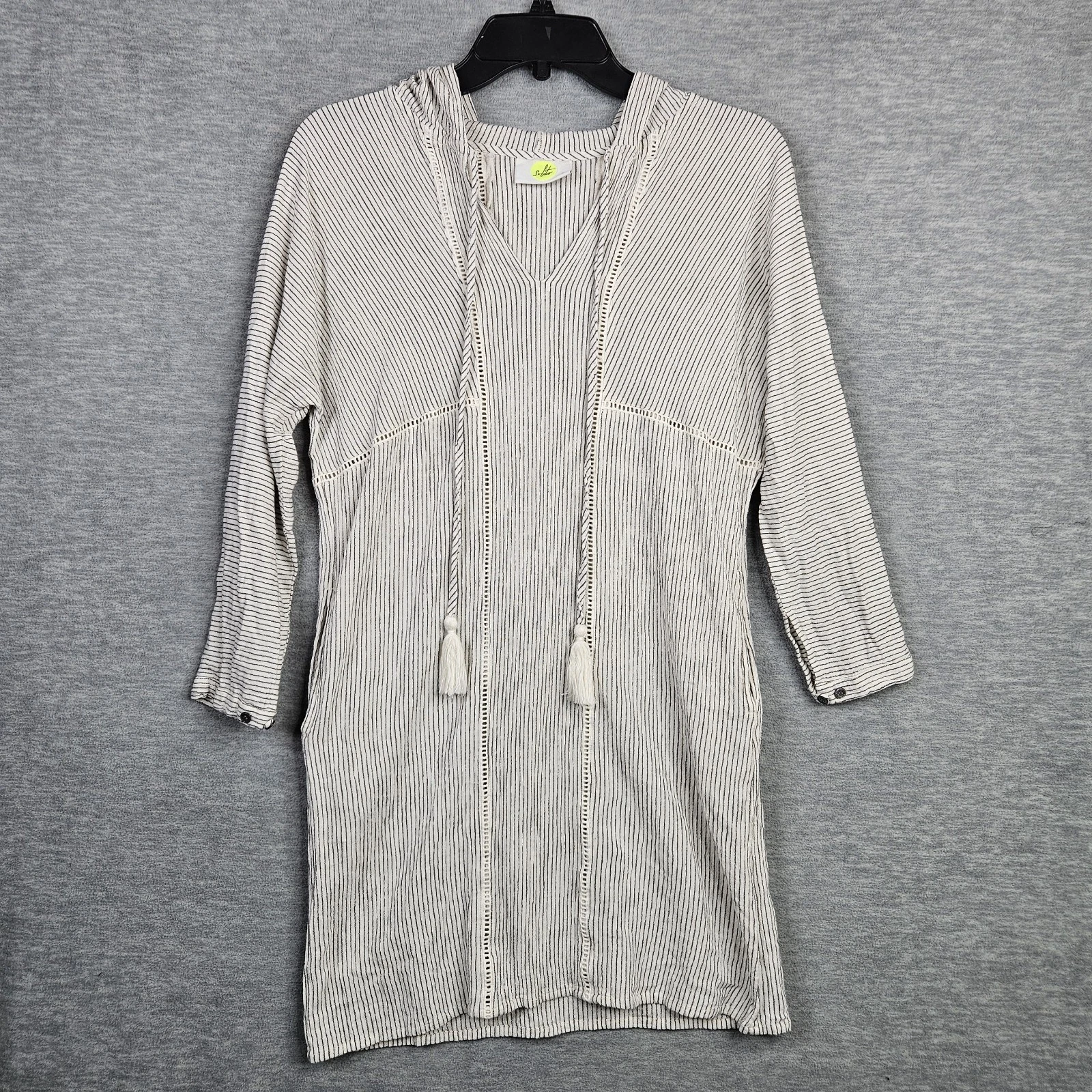 Solito Striped Beige Black Swim Cover Up Embroidery Hoodie Mini Dress Sz S