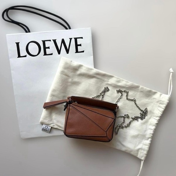 LOEWE Puzzle Bag Nano Shoulder Bag Brown Leather Chain Strap Pre-Owned Women