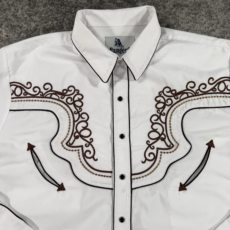 Rangers Legend Shirt Mens 2XL XXL White Brown Western Pearl Snap Smile Pockets - Image 2 of 4