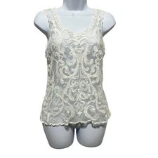 Express Women Tank Top XS Ivory Embroidered Mesh Lace Sheer Romantic Coquette