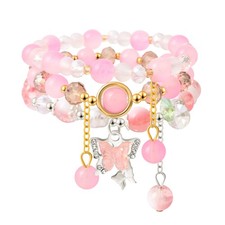Butterfly Crystal Bracelets for Women Teens, Pink Beaded Stretch Stackable Boho
