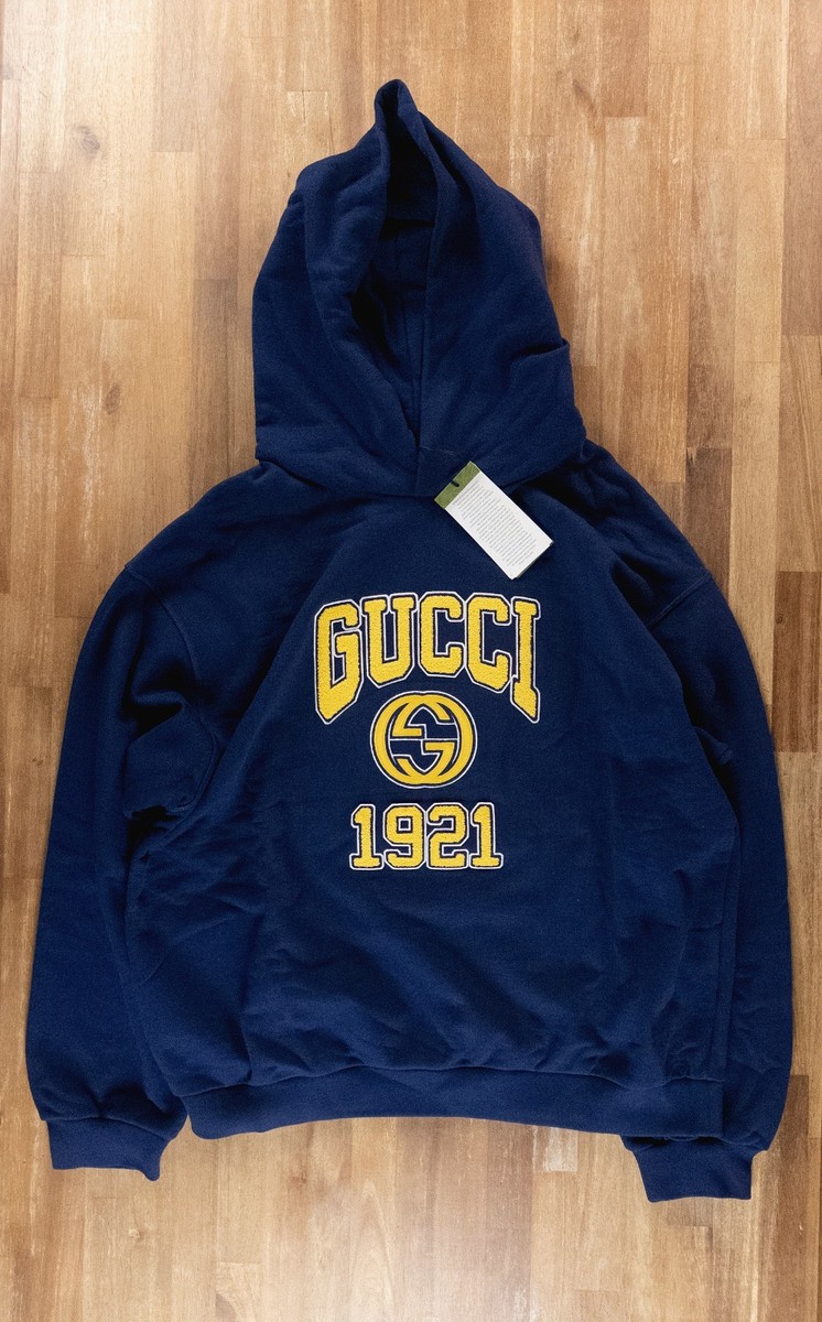 GUCCI navy blue hoodie with yellow 1921 interlocking G logo Size