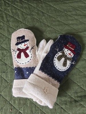 Snowman Handcrafted Sweater Mittens From Recycled Wool with Fleece lining