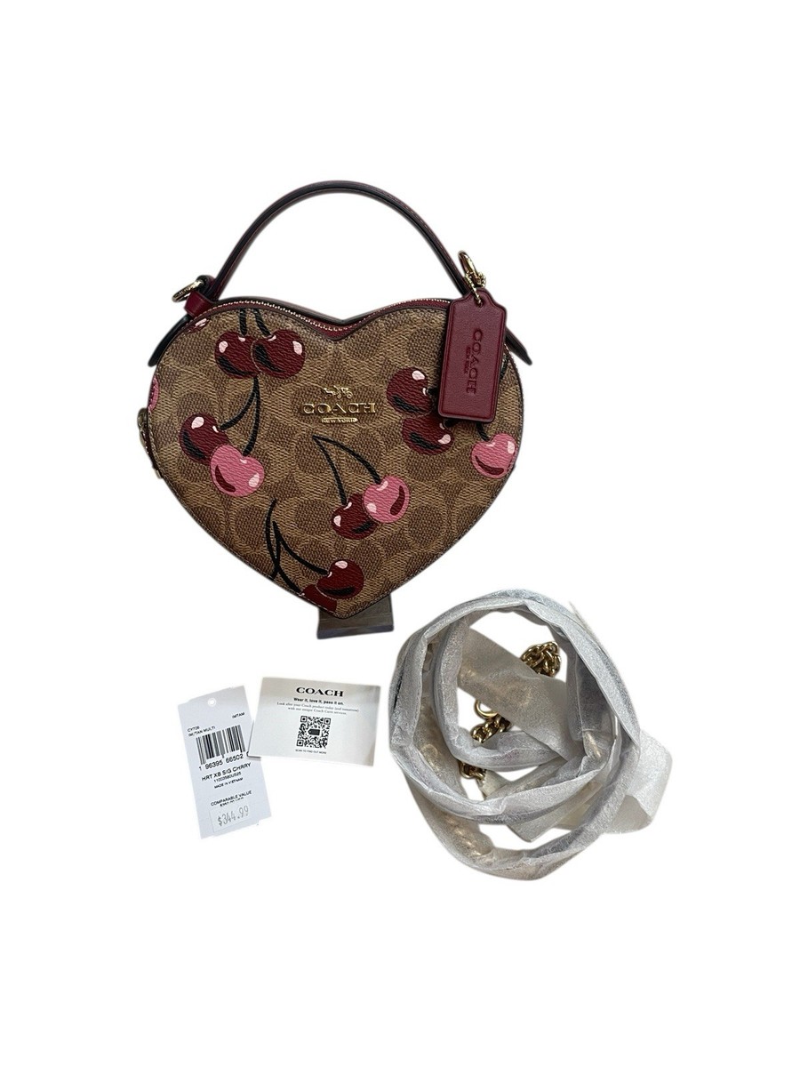 Coach Heart Cherry Signature Canvas Tan Marrón Double Zip