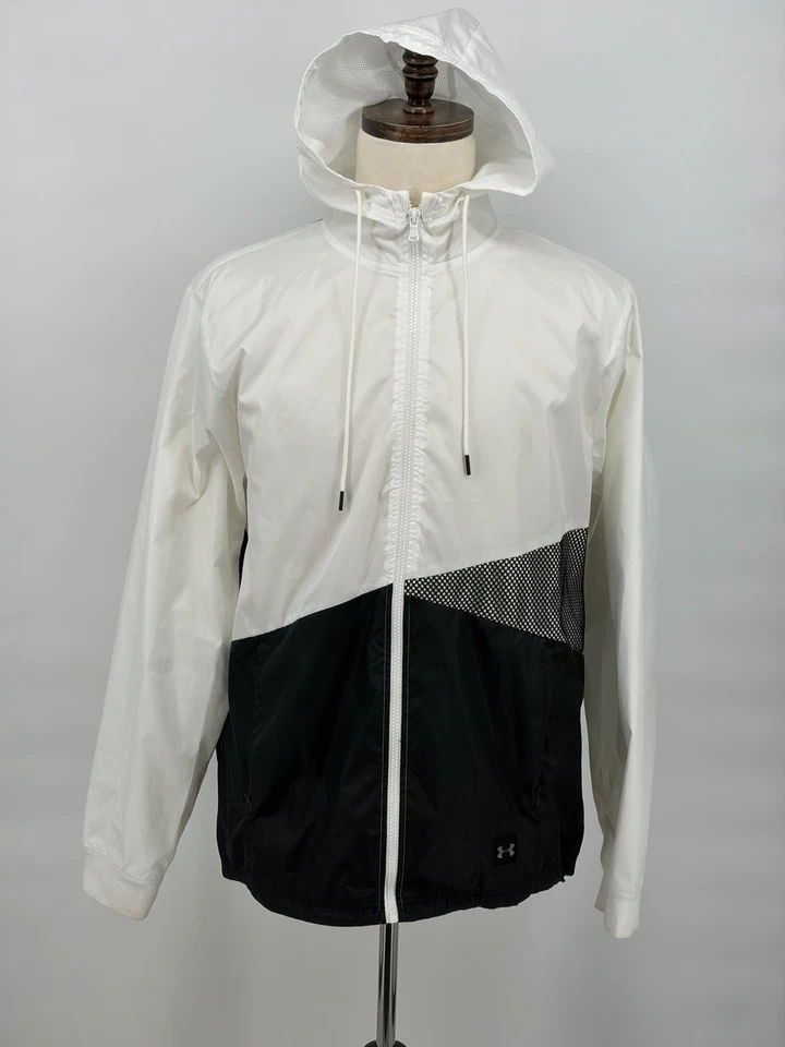 Under Armour 男式连帽风衣夹克白色/黑色网眼背面标志,尺寸 L — 第 2/4 张图片