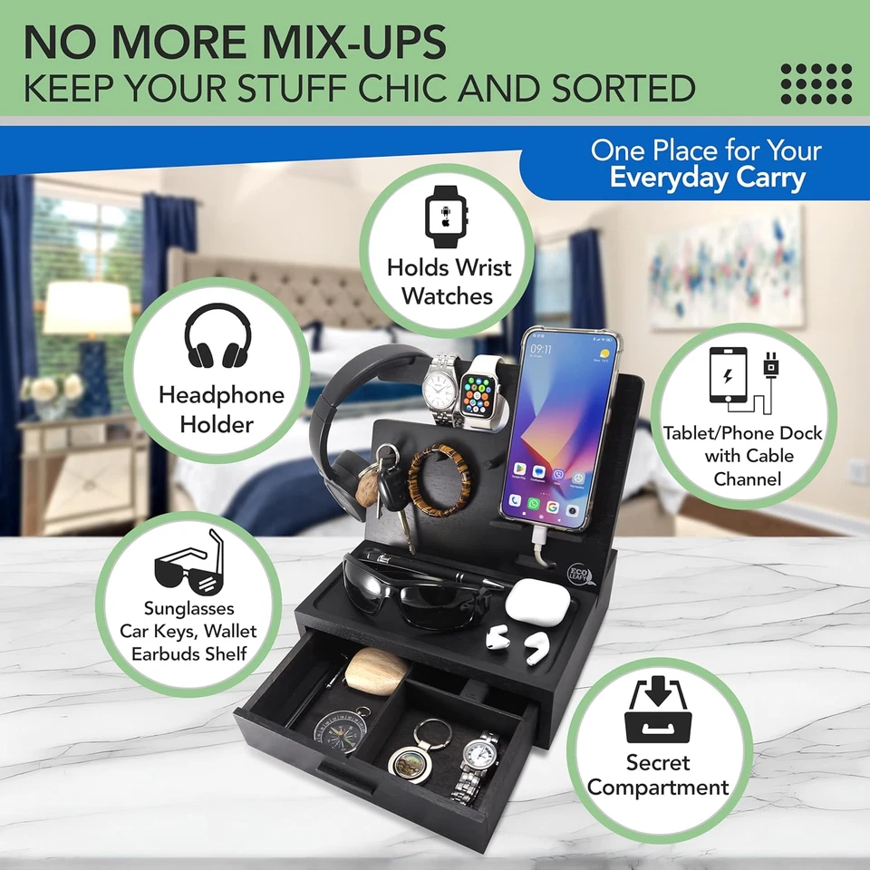 Nightstand Organiser for Men- Bedside Table Organiser with Drawer for Mobile Pho - image 2 of 4