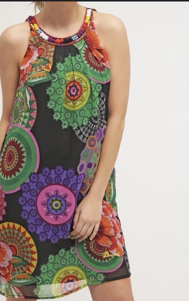 Desigual Damen Kleid Mehrfarbig Geometrisch Ärmellos Gefüttert Größe 42 - Bild 1 von 4