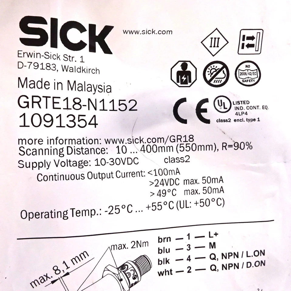 Photoelectric Sensor GRTE18-N1152 SICK 10-30VDC 100mA - Image 2 of 2