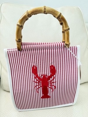 NWT TOMMY BAHAMA LOBSTER TOTE BAG BAMBOO HANDLE RED WHITE STRIPE CROSSBODY PURSE