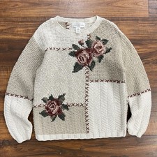 Vintage Jones New York Sport Womens M Beige Floral Hand Knit Sweater Flowers