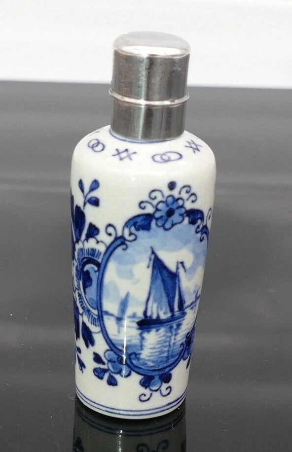 Antique Perfume Delft Scent Bottle Blue White Porcelain Sterling top 1875 80