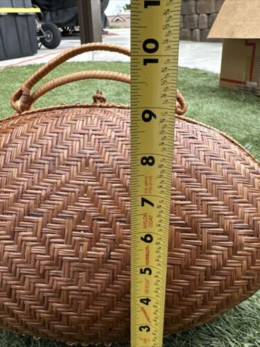 Vtg Japanese Bamboo Wood Purse Oval Moon Geisha Handbag Basket Tote Bag - Picture 10 of 10