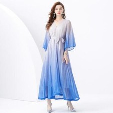 Womens 2024 Fashion V Neck Gradient Bell Sleeves Pleated Long Flared Dress 8030 