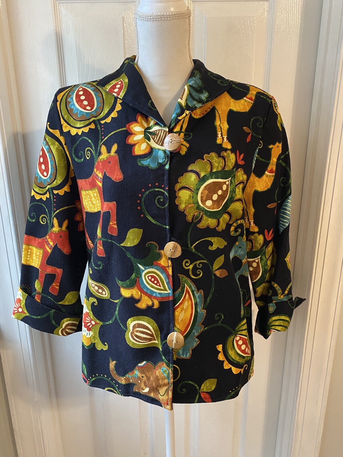 Giacca Foderata Vintage Dipinta Pony Multicolore Arazzo Nero MED Animali della Giungla