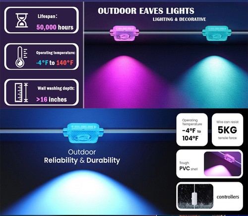 100FT 60LEDs Permanent Outdoor Eaves Light Smart RGB WIFI Bluetooth APP Control - Picture 14 of 15