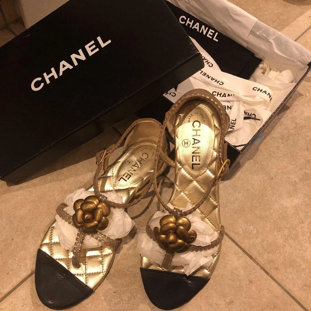 CHANEL Camellia Sandals EU 37.5 Gold Used From Japan