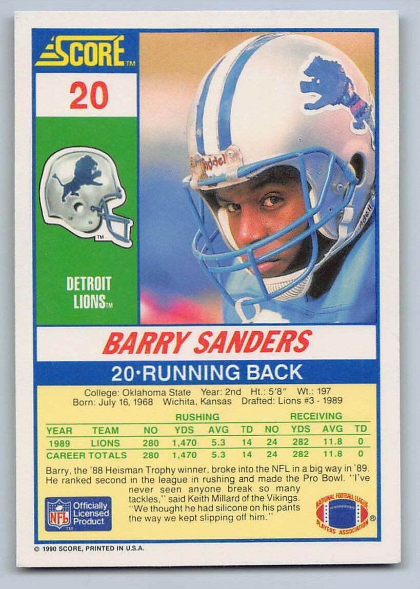 1990 BARRY SANDERS - SCORE Football Card # 20 - DETROIT LIONS HOF