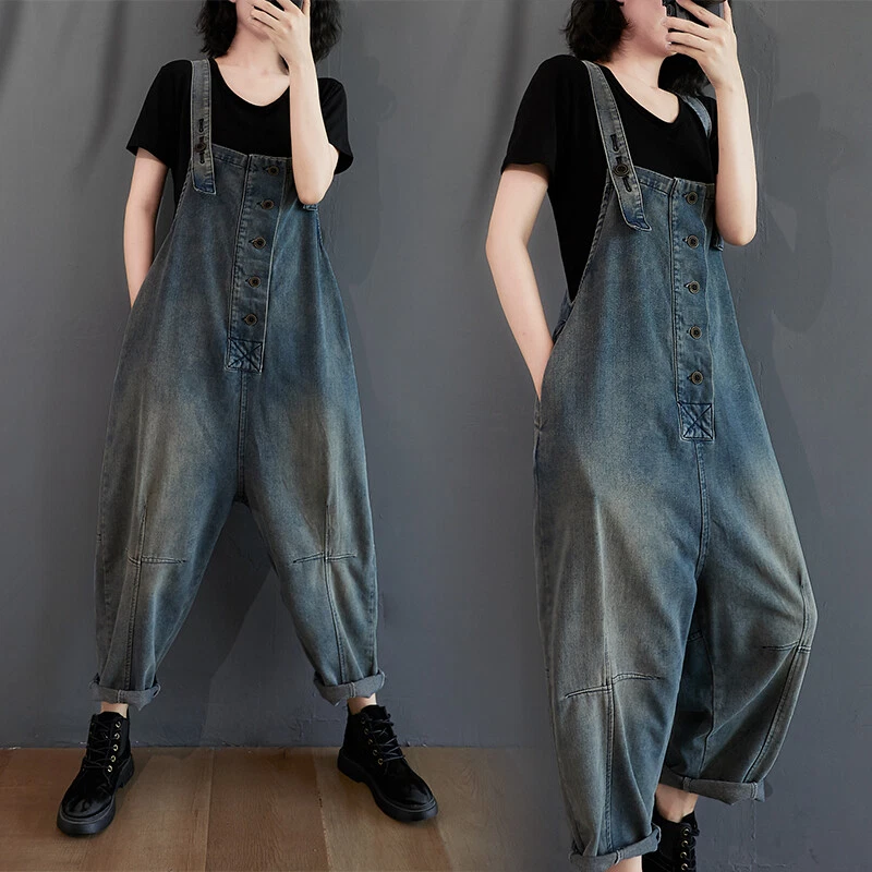 Damen Jeans Latzhose Overall Mit Taschen Locker Arbeitshose Retro Stil - Bild 2 von 4
