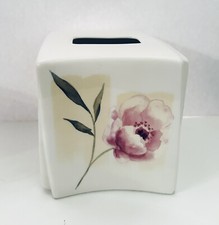 Croscill Tissue Box Holder White Ceramic Floral Pink Green GUC