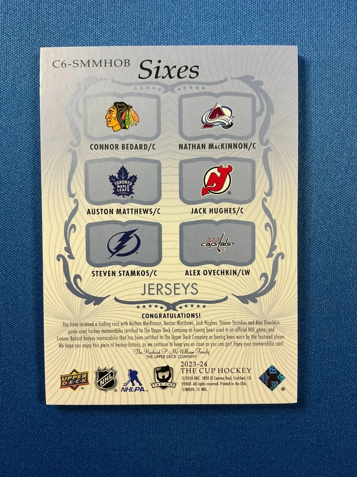 2023-24 UD The Cup Sixes Jerseys Bedard Matthews Ovechkin Hughes MacKinnon.. /15 - Изображение 2 из 2