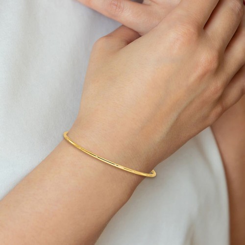 14K Solid Yellow Gold 2mm Slip On Bangle Bracelet - Picture 2 of 12