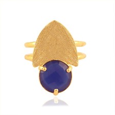 Blue Chalcedony Gemstone Ring Gold Plated Double Layer Statement Adjustable Ring
