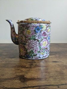 Chinese Famille Rose Canton porcelain kettle or teapot - marked. Bamboo handle