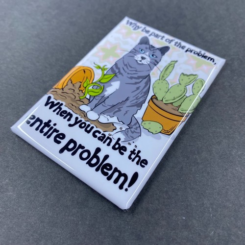 Funny Gray Tabby Cat and Plants Magnet Handmade Pet Portrait Art Decor Gift 2x3" - Picture 6 of 8