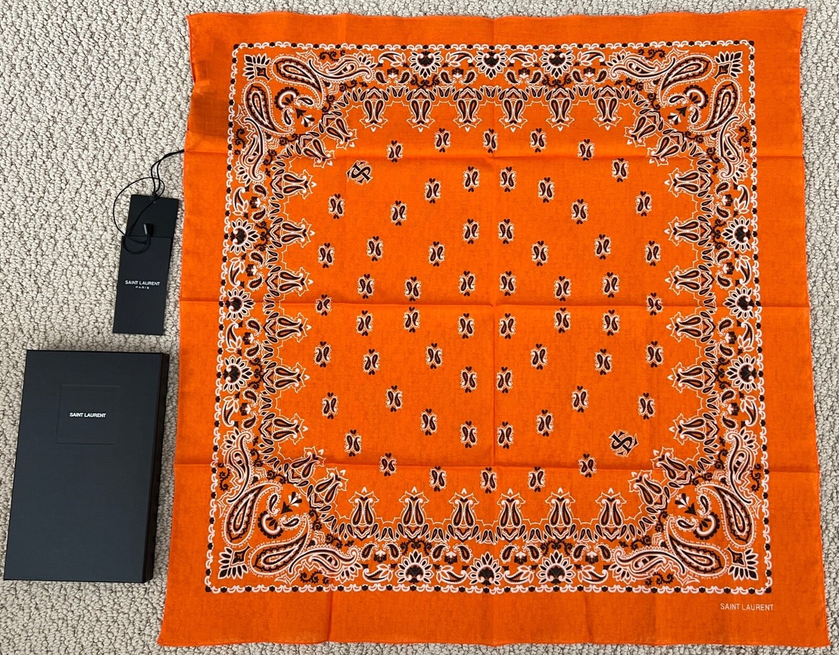 NWT Saint Laurent YSL Logo Orange Black Bandana Print Square NWT Saint Laurent YSL Logo Orange Black Bandana Print Square